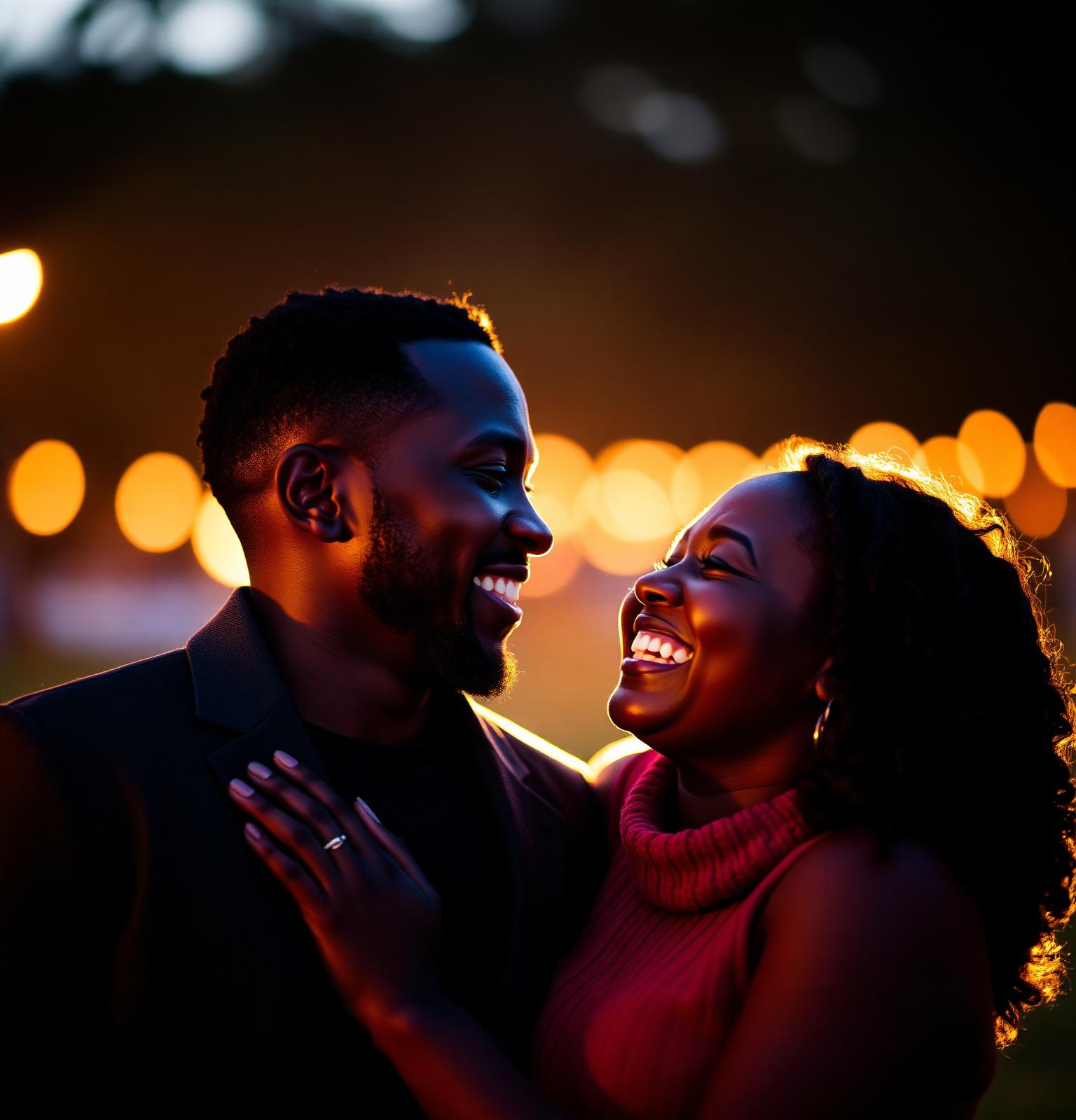 A couple laughing together at golden hour